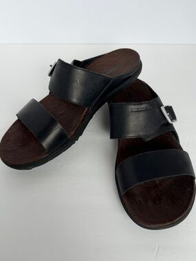 Merrell Around Town Luxe Black Leather Buckle Slide Sandals Casual Flats - Sz 11